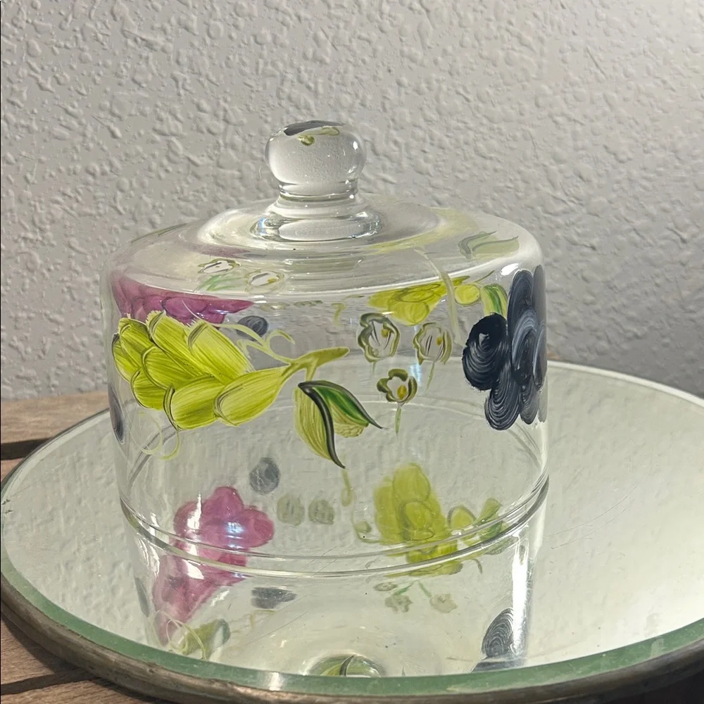 Hand-Painted Glass Cloche with Floral Motif, cloche only no plate Bloom Core